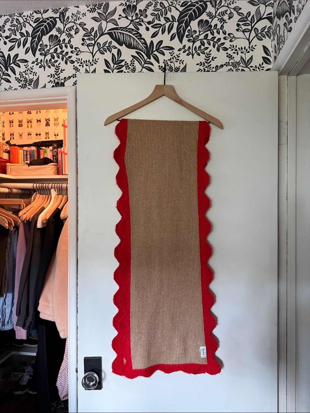Maeve Red-Trim Tan Knit Scarf